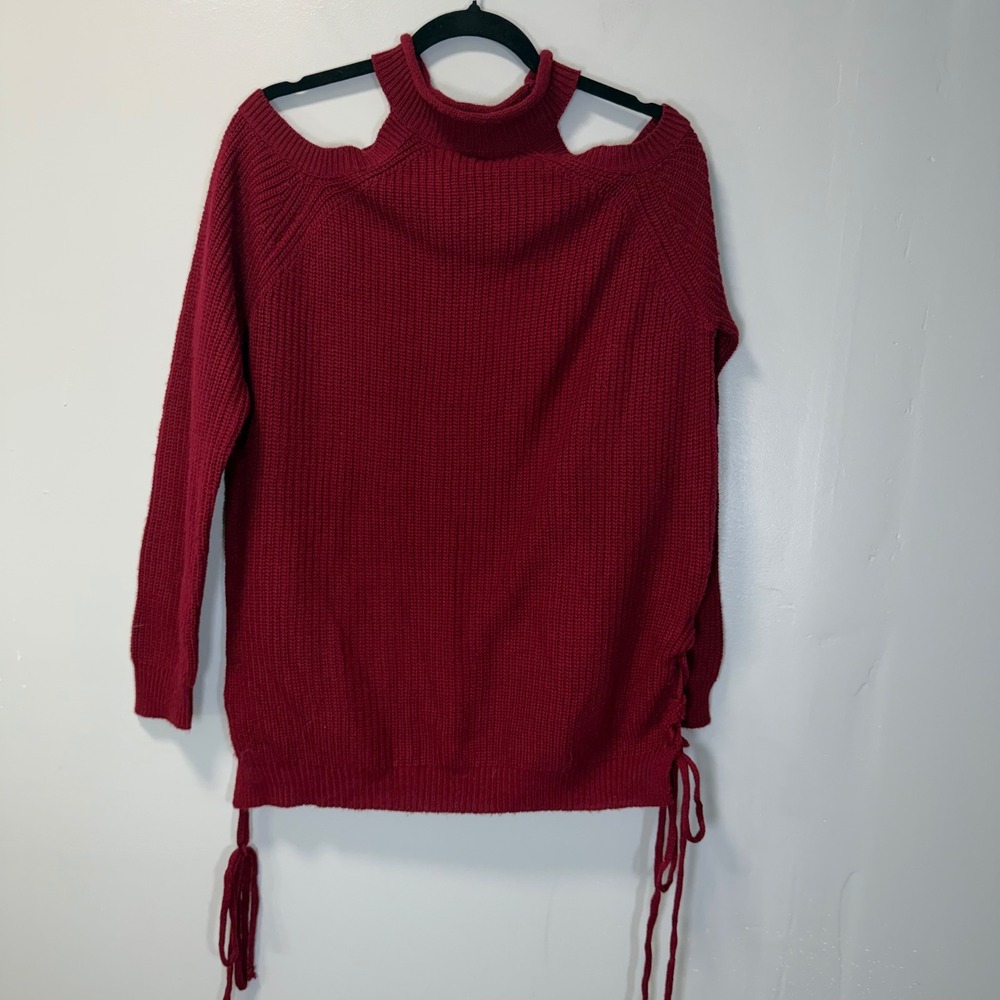 Jodifl Cold Shoulder Turtleneck Side Lace Up Sweater Red Medium S1104 New